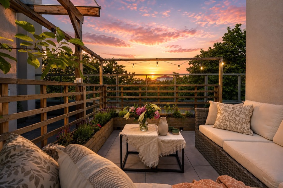 Terrasse med møblering ved solnedgang
