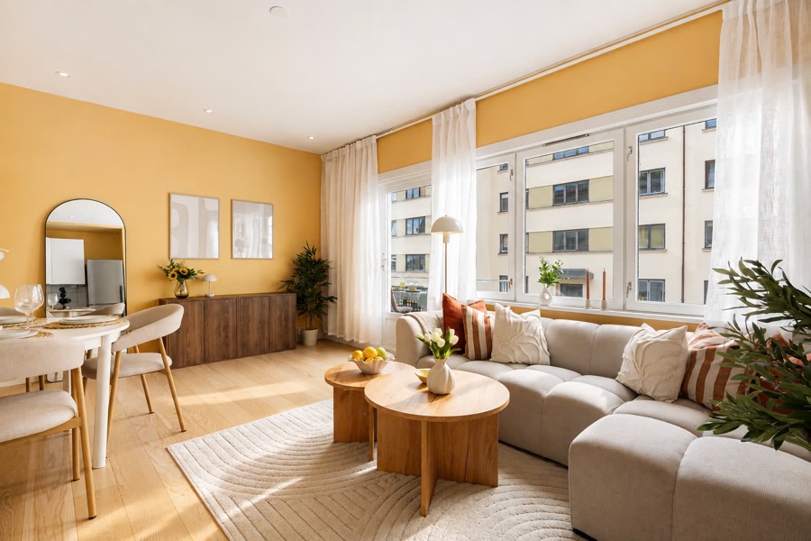 Gul stue med spiseplass og myk sofa