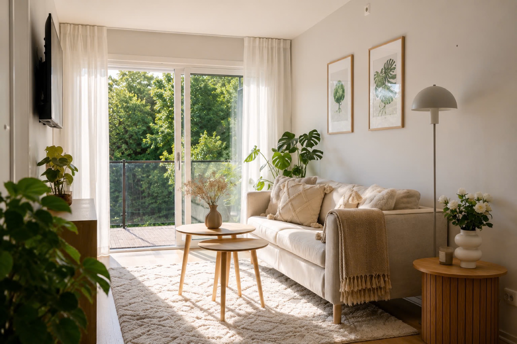 Welcoming living room with a sofa, balcony and green outlook