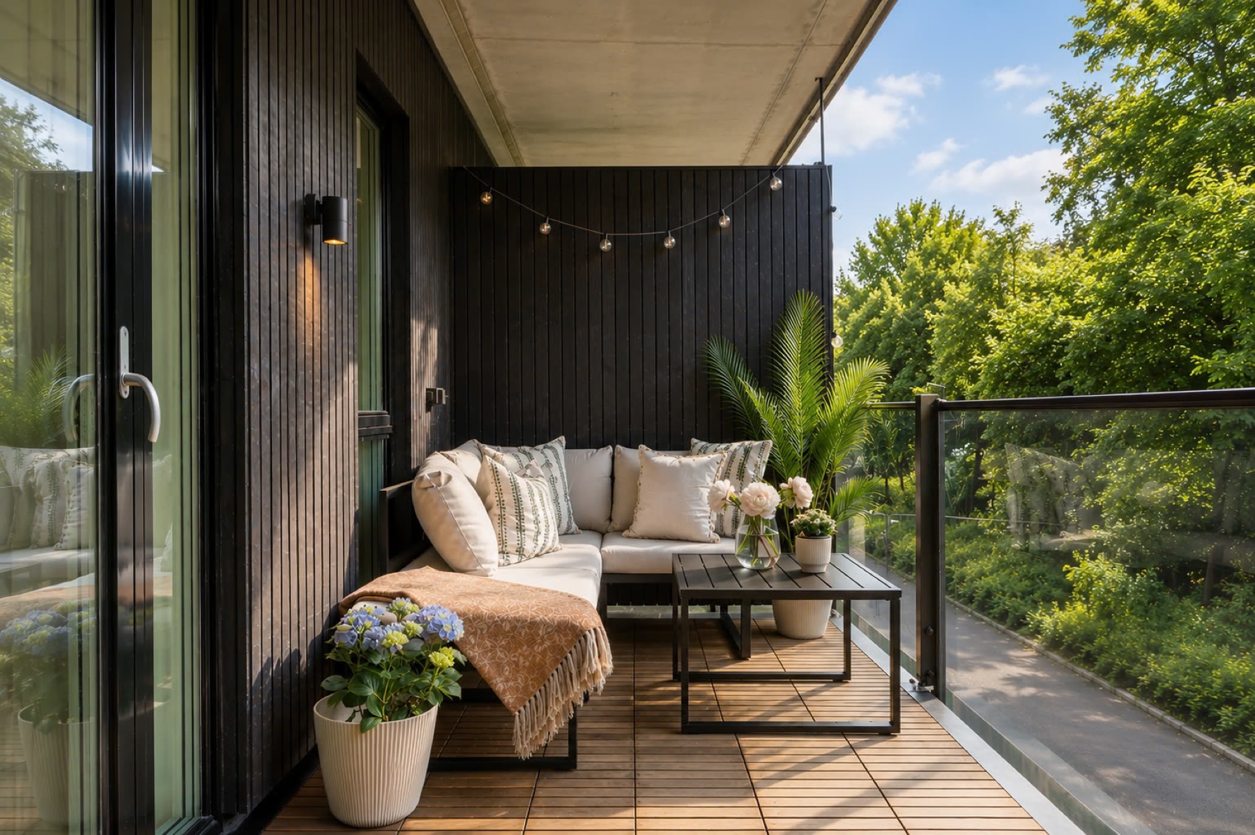 Covered balcony with lounge seating and leafy surroundings